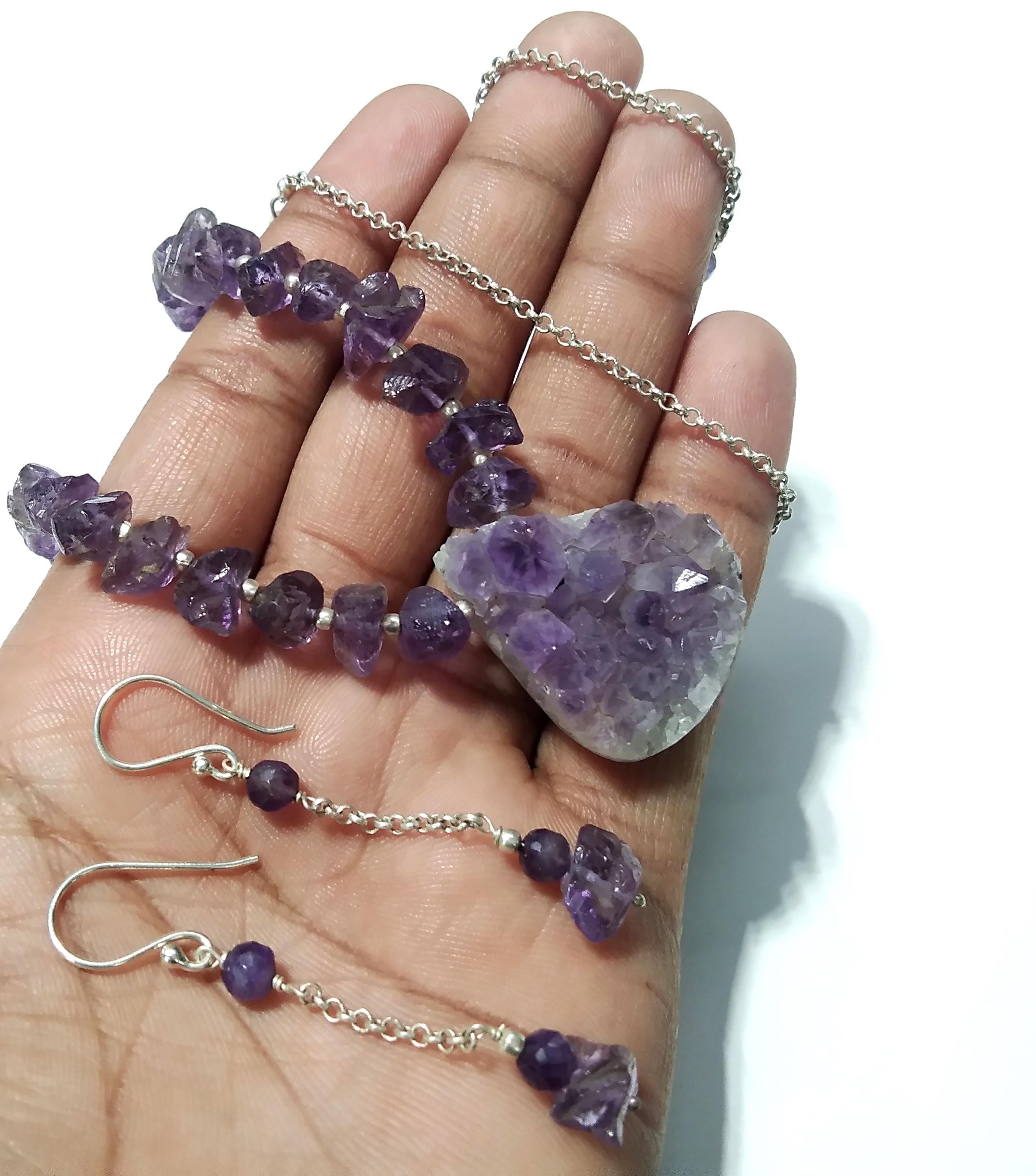 Amethyst Druzy Stone Rough Beads Necklace & Earrings Jewelry Set, 925 Sterling Silver Necklace Beaded Necklace Statement Jewelry